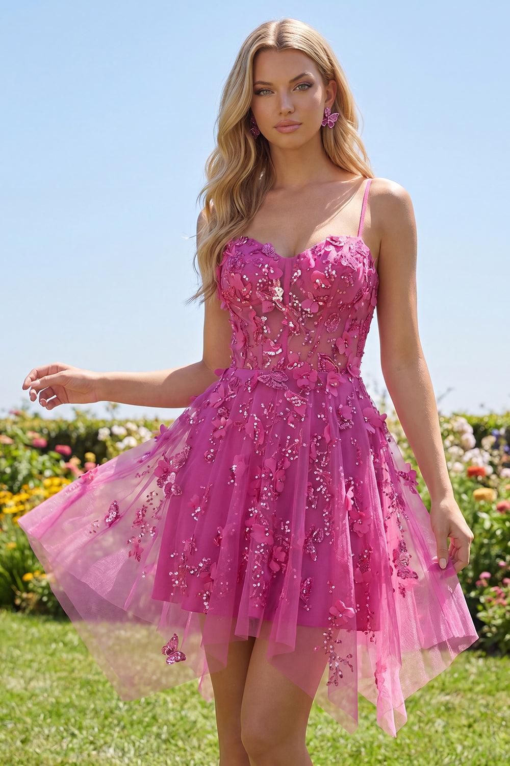 Suzhoufashion Fuchsia Floral Beaded A-Line Corset Short Homecoming Dress