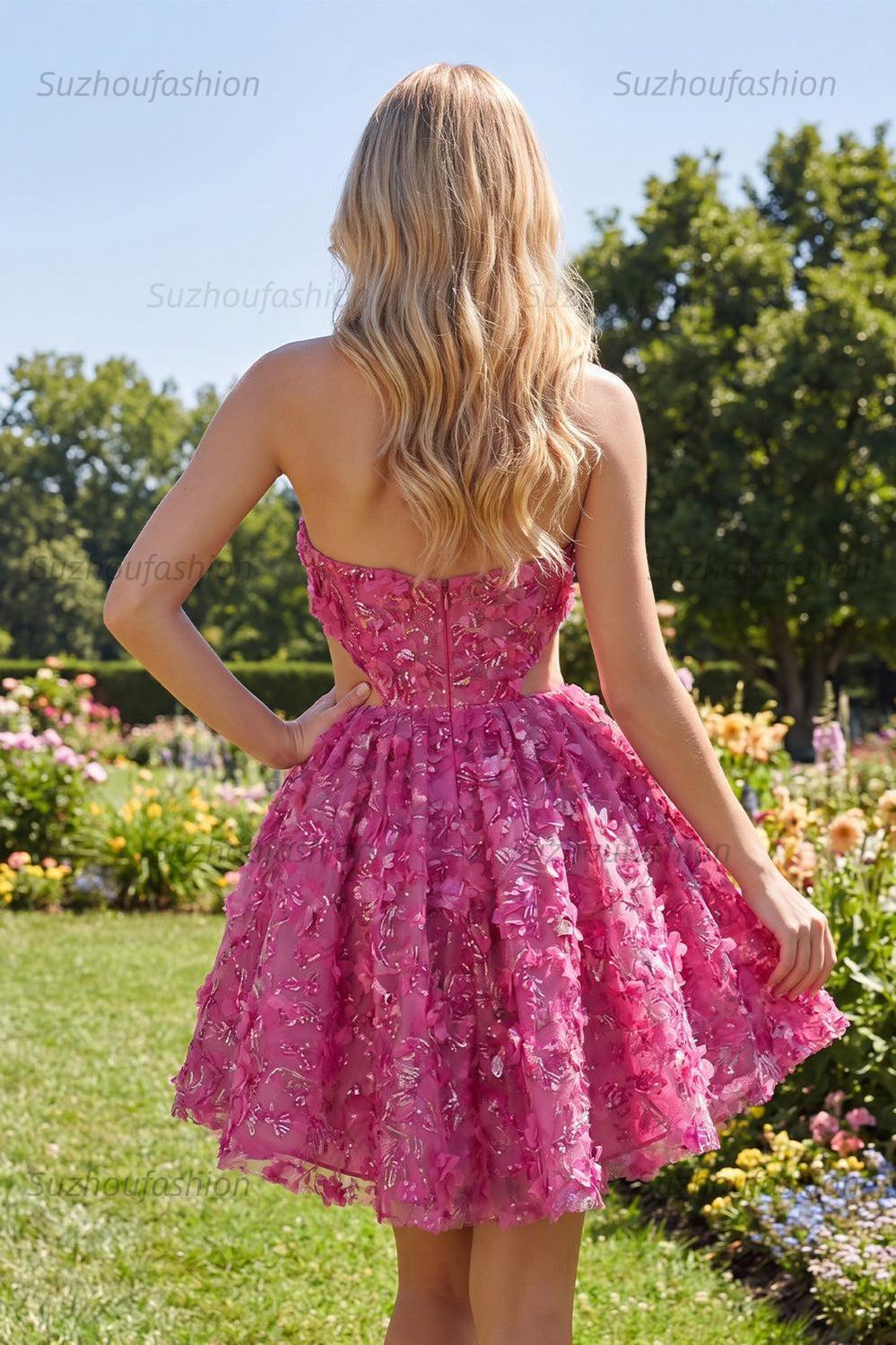 Suzhoufashion Fuchsia Floral Beaded Cut-Out A-Line Corset Short Homecoming Dress