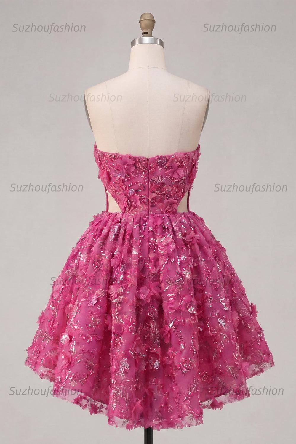 Suzhoufashion Fuchsia Floral Beaded Cut-Out A-Line Corset Short Homecoming Dress