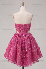 Suzhoufashion Fuchsia Floral Beaded Cut-Out A-Line Corset Short Homecoming Dress
