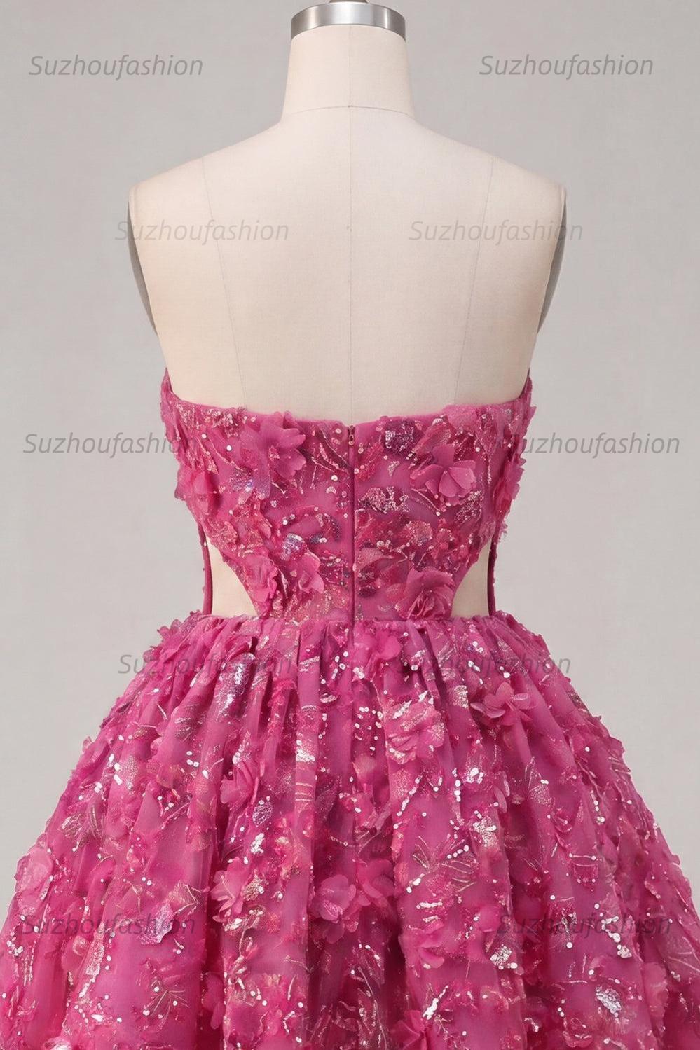 Suzhoufashion Fuchsia Floral Beaded Cut-Out A-Line Corset Short Homecoming Dress