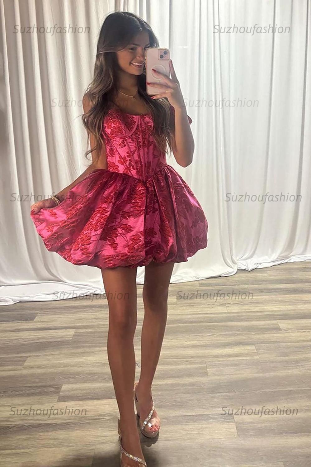 Suzhoufashion Fuchsia Floral Off-the-Shoulder A-Line Corset Short Homecoming Dress