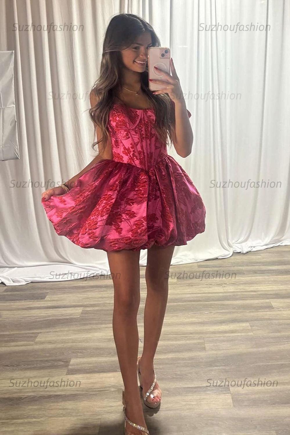Suzhoufashion Fuchsia Floral Off-the-Shoulder A-Line Corset Short Homecoming Dress
