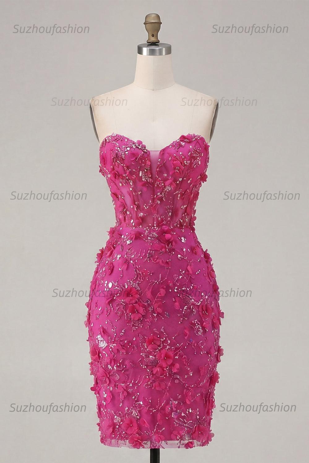 Suzhoufashion Fuchsia Floral Sweetheart Beaded Corset Tight Short Homecoming Dress