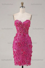 Suzhoufashion Fuchsia Floral Sweetheart Beaded Corset Tight Short Homecoming Dress