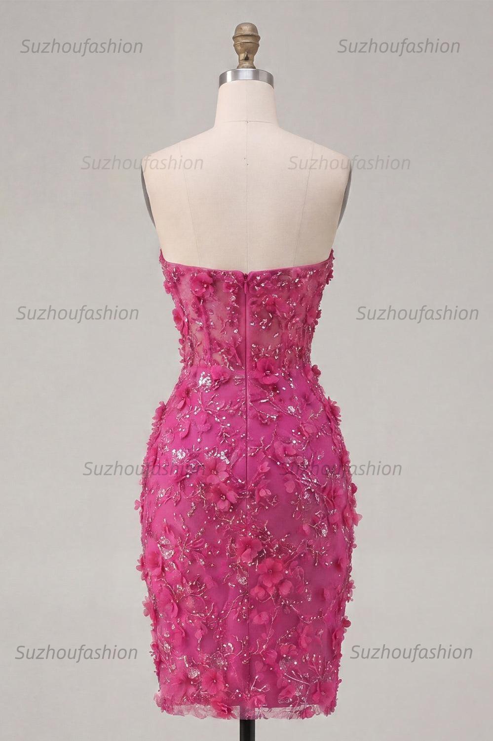 Suzhoufashion Fuchsia Floral Sweetheart Beaded Corset Tight Short Homecoming Dress