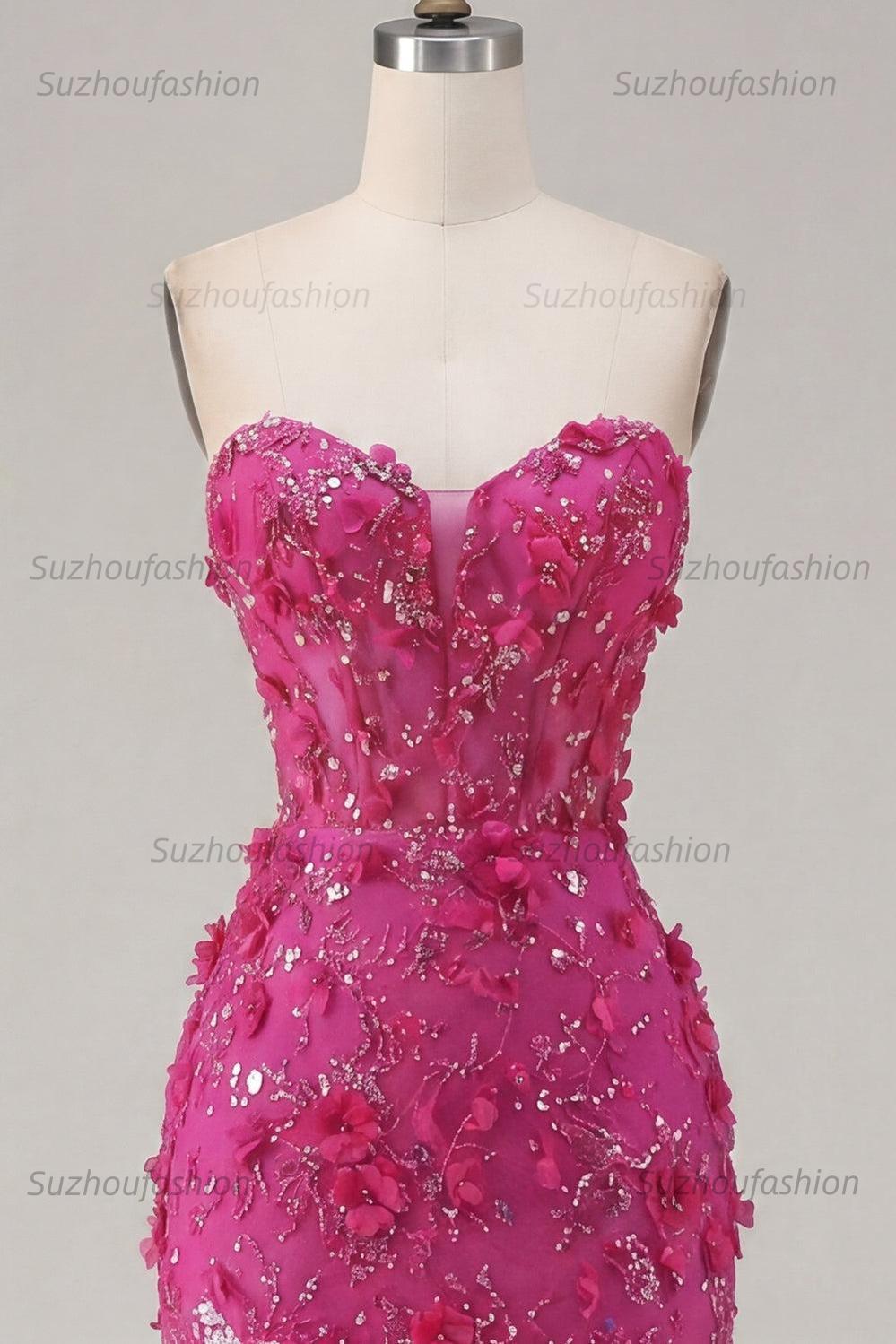 Suzhoufashion Fuchsia Floral Sweetheart Beaded Corset Tight Short Homecoming Dress