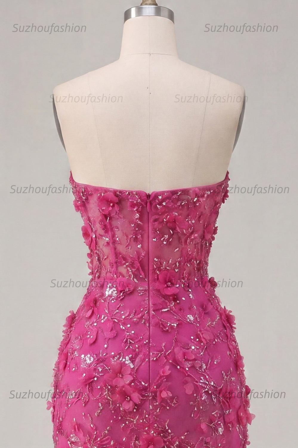 Suzhoufashion Fuchsia Floral Sweetheart Beaded Corset Tight Short Homecoming Dress