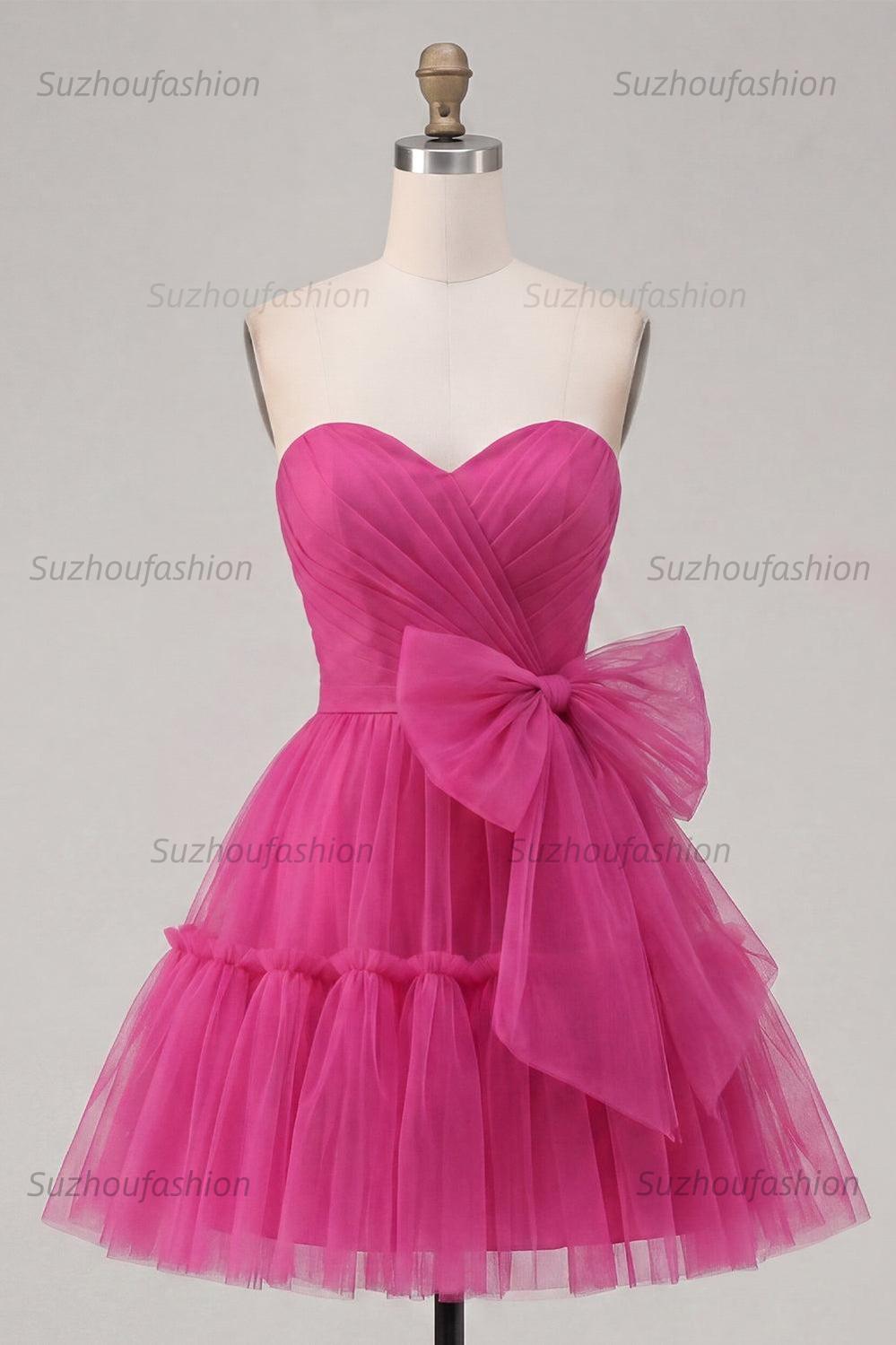 Suzhoufashion Fuchsia Sweetheart Ruched A-Line Short Homecoming Dress with Bow