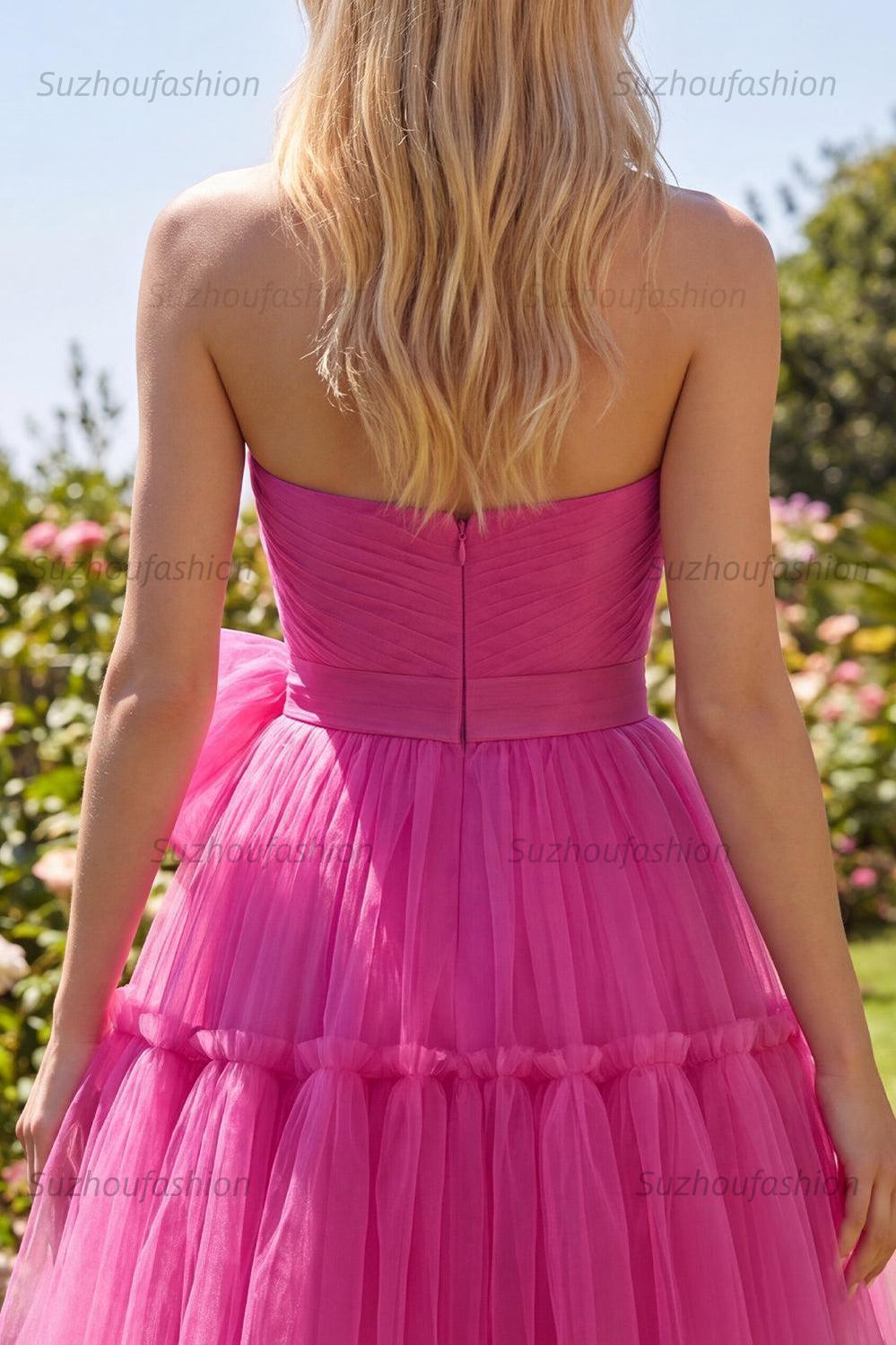 Suzhoufashion Fuchsia Sweetheart Ruched A-Line Short Homecoming Dress with Bow