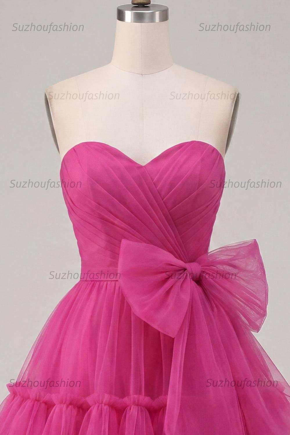 Suzhoufashion Fuchsia Sweetheart Ruched A-Line Short Homecoming Dress with Bow