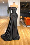 Suzhoufashion Glamorous Black Long Sleeve One Shoulder Evening Prom Dresses Beadings Evening Gowns
