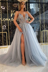 Suzhoufashion Glamorous Long A-line V-neck Glitter Beading Evening Dresses With Slit