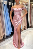 Suzhoufashion Glamorous Long Pink Off-the-shoulder Mermaid Sleeveless Evening Dresses With Slit