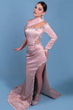 Suzhoufashion Glamorous Long Pink One-Shoulder Satin Mermaid Evening Gowns With Rhinestone