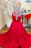 Suzhoufashion Glamorous Long Red Jewel Long Satin Lace Mermaid Prom Dresses with Appliques