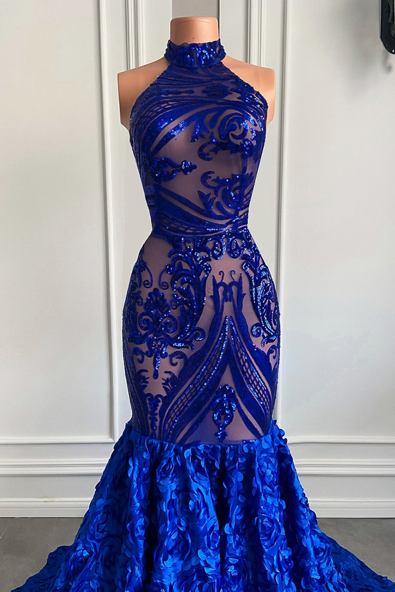 Suzhoufashion Glamorous Long Royal Blue Halter Mermaid Prom Dress With Lace Flowers Sleeveless
