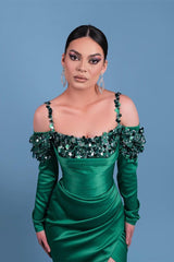 Suzhoufashion Glamorous Long Spaghetti Green Satin Mermaid Evening Gowns With Long Sleeve