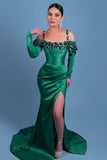 Suzhoufashion Glamorous Long Spaghetti Green Satin Mermaid Evening Gowns With Long Sleeve