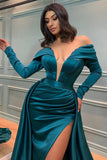 Suzhoufashion Glamorous Off-the-shoulder V-neck Satin Prom Dress With Long Sleeves Long A-line