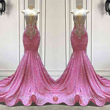 Suzhoufashion Glamorous Pink Sequined Sleeveless Straps Long Beading Mermaid Prom Dresses