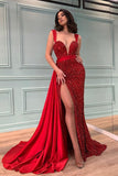 Suzhoufashion Glamorous Red Sequins Beadings Mermaid Evening Prom Dresses Split With Ruffles