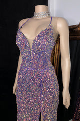 Suzhoufashion Glamorous Spaghetti Straps V-neck Prom Dress With Slit Sequined Sleeveless