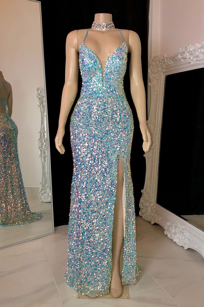 Suzhoufashion Glamorous Spaghetti Straps V-neck Prom Dress With Slit Sequined Sleeveless