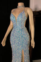 Suzhoufashion Glamorous Spaghetti Straps V-neck Prom Dress With Slit Sequined Sleeveless