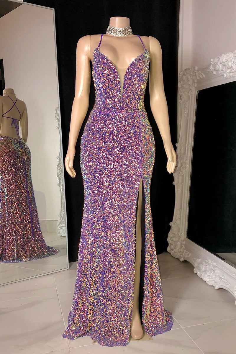 Suzhoufashion Glamorous Spaghetti Straps V-neck Prom Dress With Slit Sequined Sleeveless