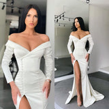 Suzhoufashion Glamorous White Long Sleeves Mermaid Evening Dress Off-the-shoulder Split Prom Gown