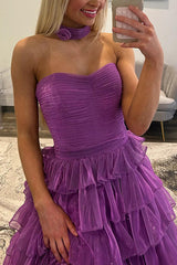 Suzhoufashion Glitter Purple Strapless Prom Dress Ball Gown Ruffled Pleated Long Formal Dress With Slit