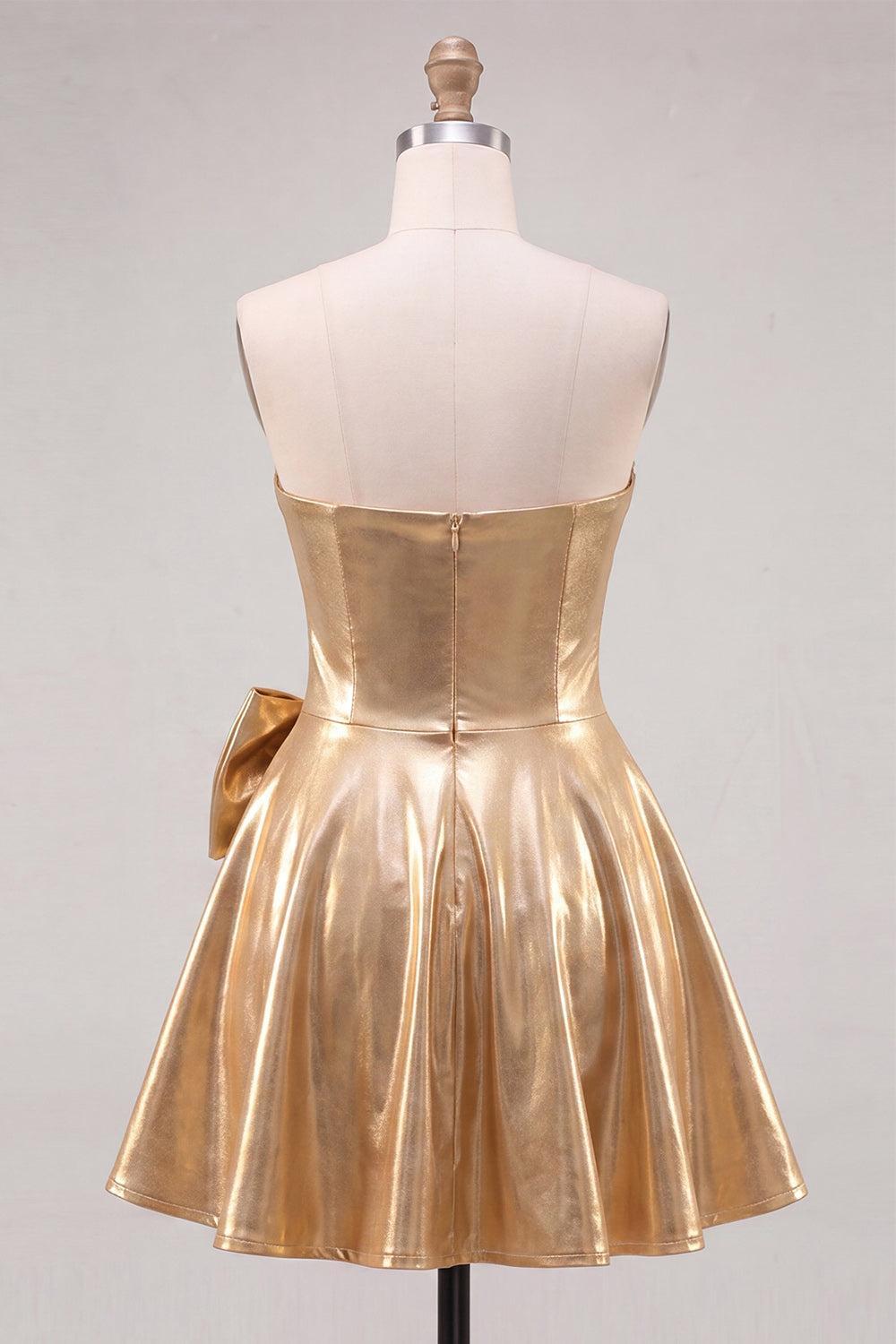 Suzhoufashion Gold A Line Metallic Beaded Short Homecoming Dress with Bow