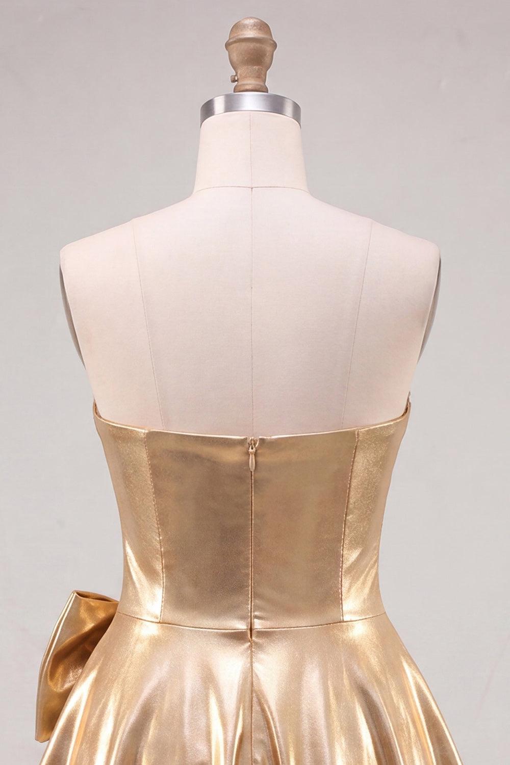 Suzhoufashion Gold A Line Metallic Beaded Short Homecoming Dress with Bow