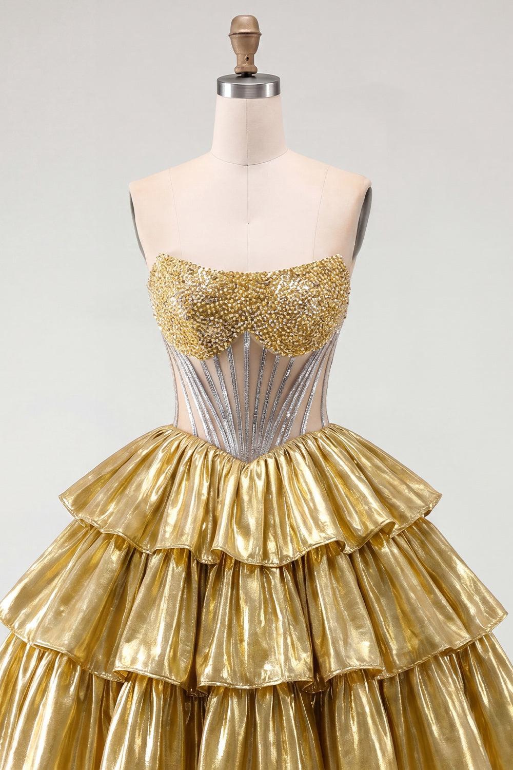 Suzhoufashion Gold Metallic Strapless Beaded A-Line Corset Short Homecoming Dress