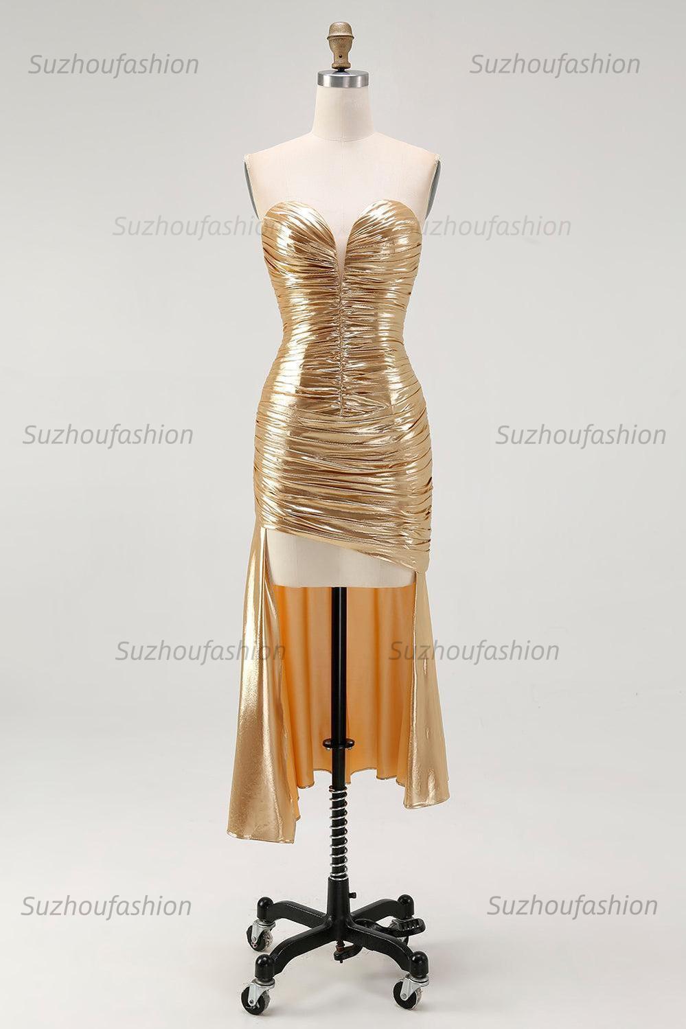 Suzhoufashion Gold Metallic Sweetheart Ruched High-Low Cocktail Dress