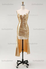Suzhoufashion Gold Metallic Sweetheart Ruched High-Low Cocktail Dress
