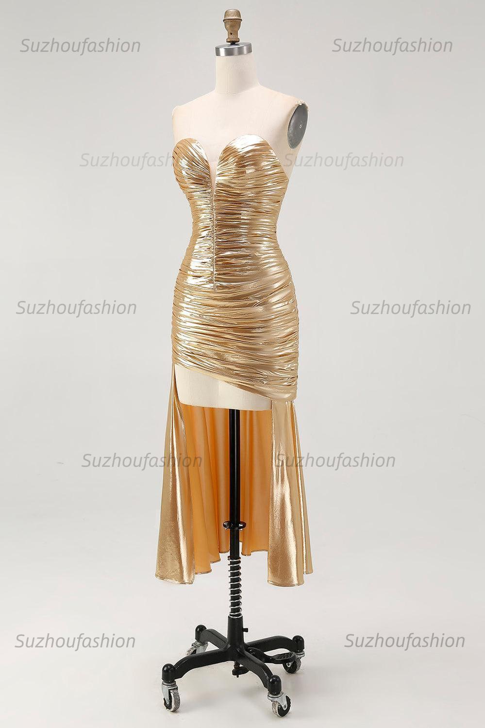 Suzhoufashion Gold Metallic Sweetheart Ruched High-Low Cocktail Dress