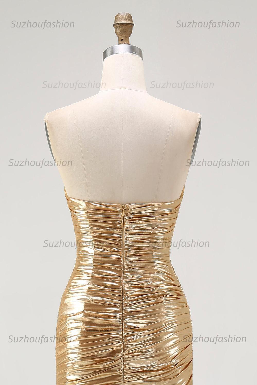 Suzhoufashion Gold Metallic Sweetheart Ruched High-Low Cocktail Dress