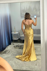 Suzhoufashion Gold Satin Corset Prom Dress Mermaid Beaded Long Formal Dress With Slit