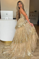 Suzhoufashion Gold Sequin Train Sweetheart A-Line Lace Long Prom Dress With Tiered Tulle Split Formal Evening Gown