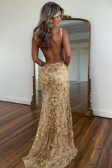 Suzhoufashion Gold Sequin V-Neck Mermaid Prom Dress With Open Back And High Slit Formal Evening Gown