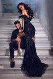 Suzhoufashion Gorgeous Black Lace Sequined Evening Dresses With Slit Long Off-the-shoulder