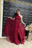 Suzhoufashion Gorgeous Burgundy One Shoulder Sleeveless Evening Dresses With Slit Long Glitter A-line
