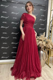 Suzhoufashion Gorgeous Burgundy One Shoulder Sleeveless Evening Dresses With Slit Long Glitter A-line