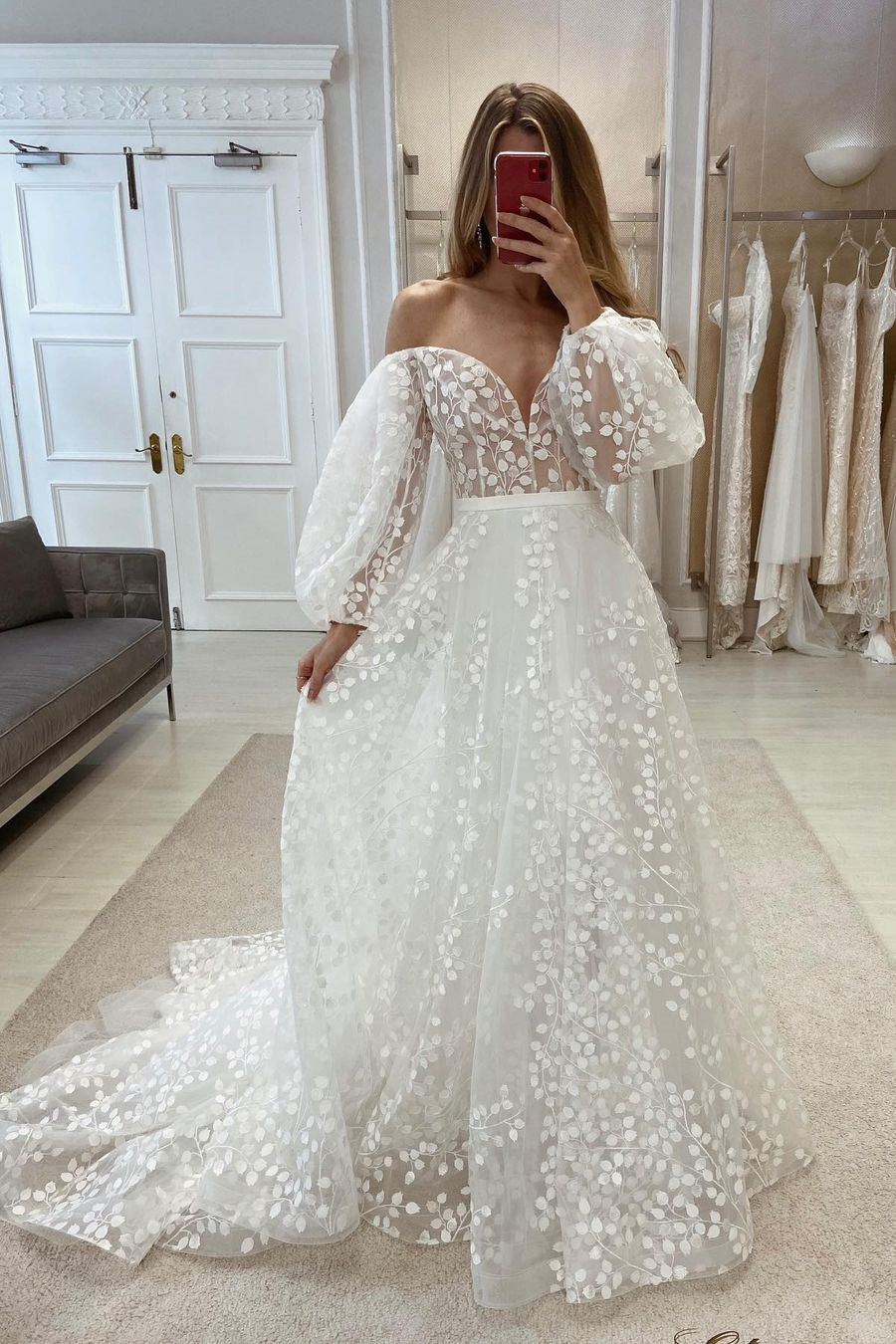 Suzhoufashion Gorgeous Off-the-Shoulder V-Neck Appliques Bridal Dresses With Long Sleeves