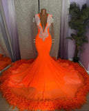 Suzhoufashion Gorgeous Orange Mermaid Tassel V-Neck Lace Prom Dresses With Long Sleeves
