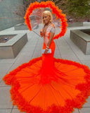 Suzhoufashion Gorgeous Orange Mermaid Tassel V-Neck Lace Prom Dresses With Long Sleeves