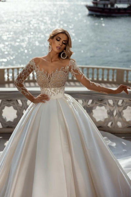 fitted lace wedding dress A-Line Court Train Princess Wedding Dress with Long Sleeves WD307 Custom Size / White