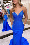 Suzhoufashion Gorgeous Royal Blue Prom Dress Long Mermaid Spaghetti-Straps V-Neck
